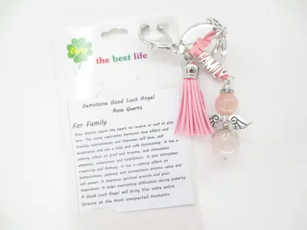 Angel gemstone keychain roze quartz 'family'