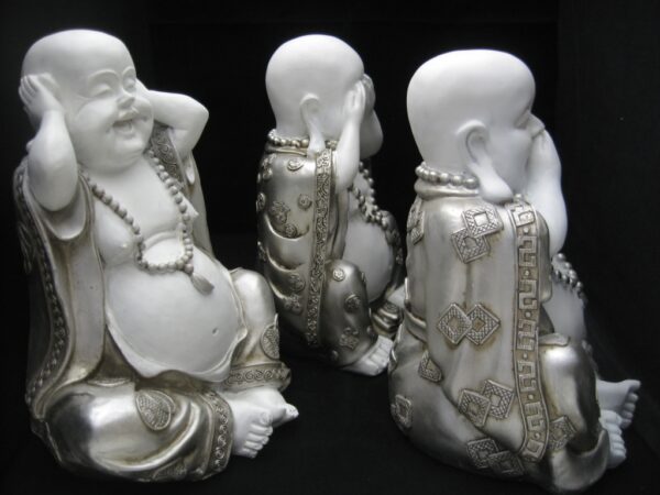 Hear, see, silence laughing Buddha white/silver