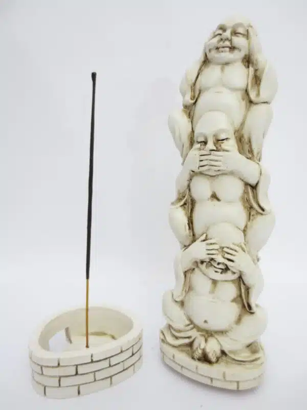 Hear, See, Speak No Evil Buddha Incense Tower white