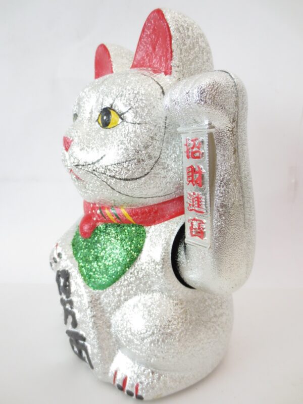 Lucky Cat glitter silver with moveable arm large