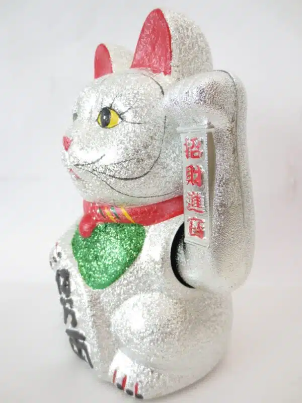 Lucky Cat glitter silver with moveable arm large