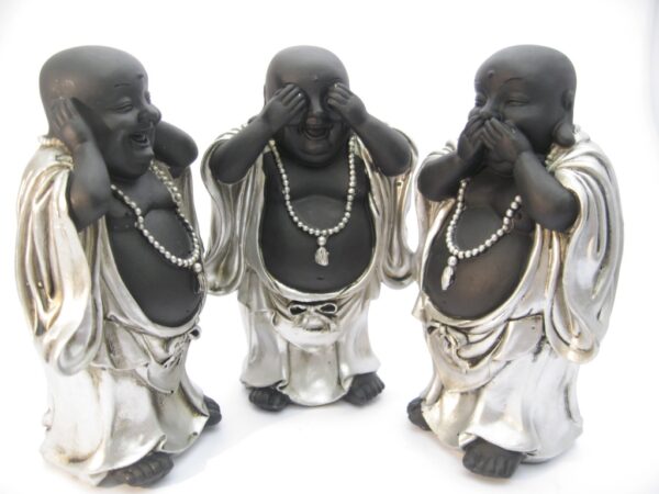 medium hear, see, silence laughing Buddha silver/black standing