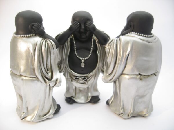 medium hear, see, silence laughing Buddha silver/black standing