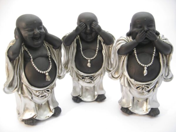 medium hear, see, silence laughing Buddha silver/black standing