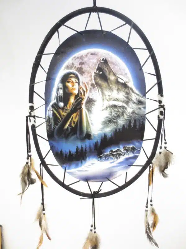 Oval Dreamcatcher Indian woman with wolf