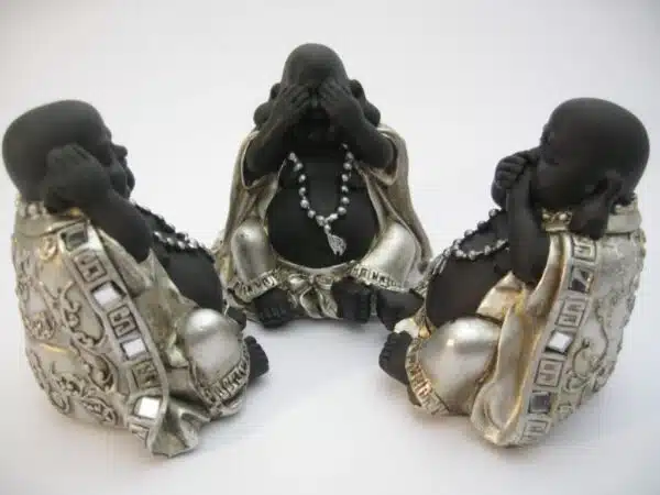 small hear, see, silence laughing Buddha silver/black