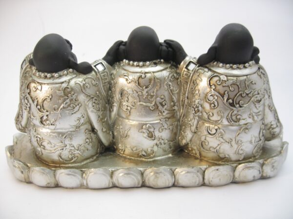 small hear, see, silence laughing Buddha silver/black on plate