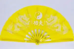 Tai Chi fan yellow with dragons and Yin Yang