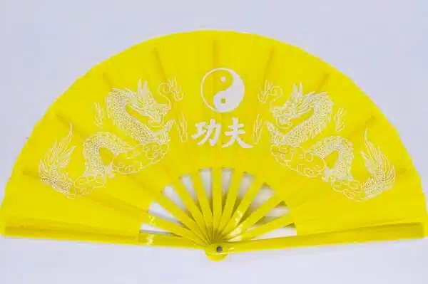 Tai Chi fan yellow with dragons and Yin Yang