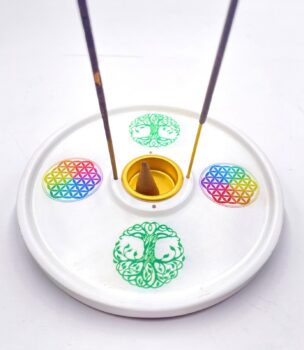 Tree of Life/Flower of Life round incense holder white