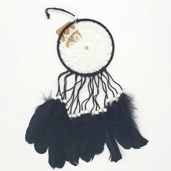 15cm Crochet Dreamcatcher Black with Goose Feathers