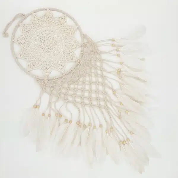 25 cm round Dreamcatchers Cream Crocheted with Goose Feathers