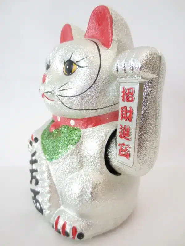 Lucky Cat glitter silver with moveable arm small