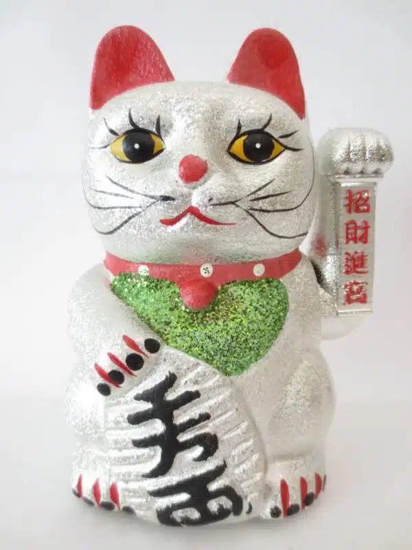 Lucky Cat glitter silver with moveable arm small