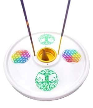 Tree of Life/Flower of Life round incense holder white