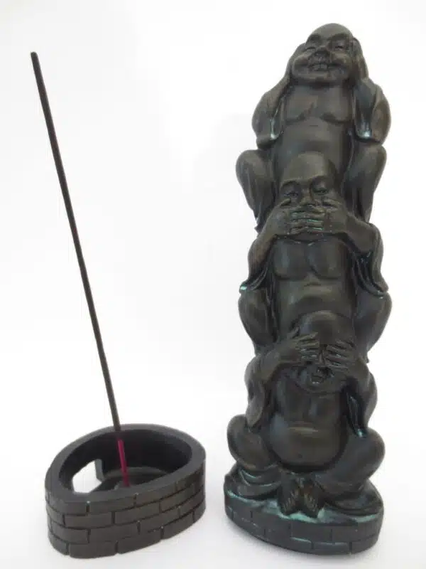 Hear, See, Speak No Evil Buddha Incense Tower black