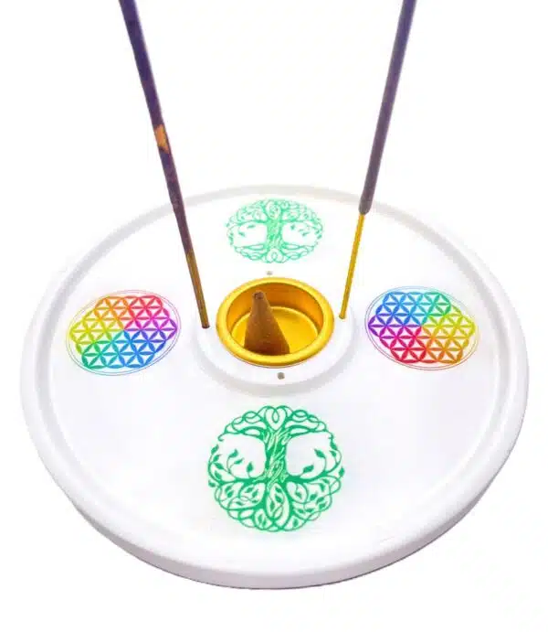 Tree of Life/Flower of Life round incense holder white