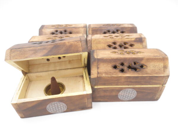 Antique Wooden Incense Cone Box - Flower of Life (6 pieces)
