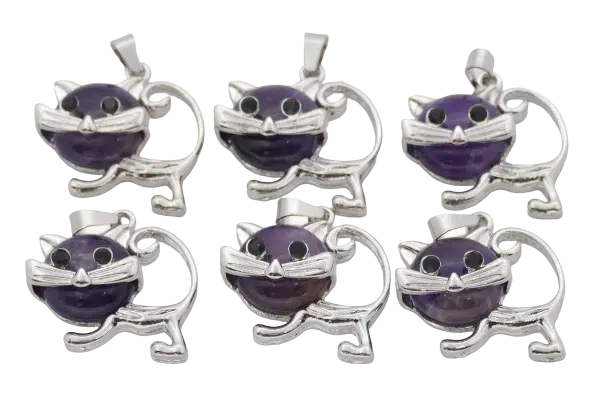 Amethyst Cat Gemstone Pendants (Set of 6 Pieces)