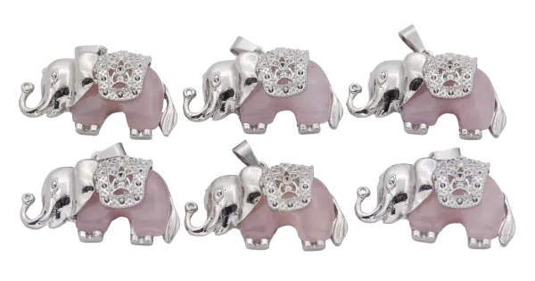 Rose Quartz Elephant Gemstone Pendants (Set of 6 Pieces)
