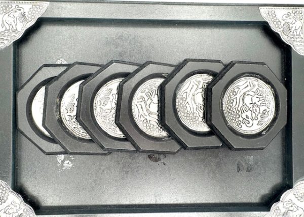 Thai Style Elephant Embossed Metal Coaster Set with Wooden Tray