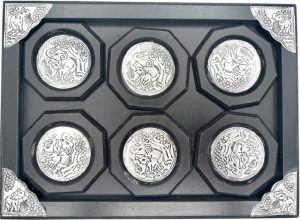 Thai Style Elephant Embossed Metal Coaster Set with Wooden Tray