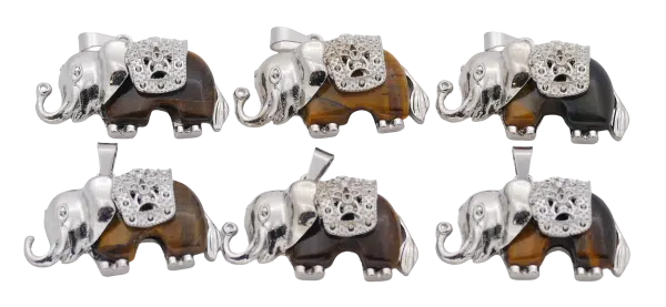 Tiger Eye Elephant Gemstone Pendants (Set of 6 Pieces)
