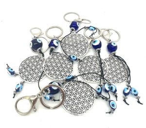 Blue Evil Eye Keychain Flower of Life Set of 6