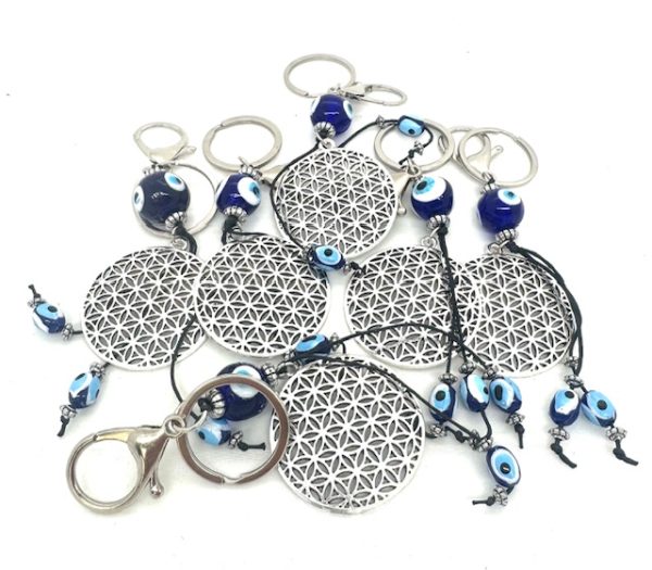 Blue Evil Eye Keychain Flower of Life Set of 6