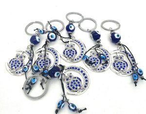 Blue Evil Eye Keychain Set Owl on Moon (6 pieces)