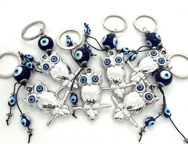 Blue Evil Eye Keychain with Owl Set of 6