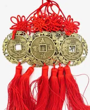 Feng Shui Fortune Coins Wall Hanging with Dragon Design and Red Tassels - Set of 6