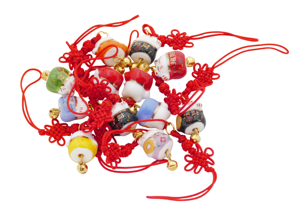 Japanese Lucky Cat Porcelain with Lucky Red Hanger (12 pieces)