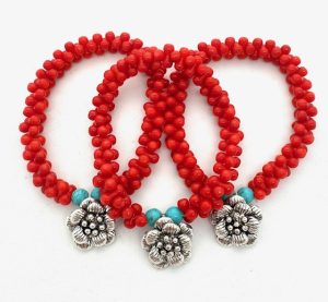 Red Clustered Coral Bead Bracelet with Flower Charm