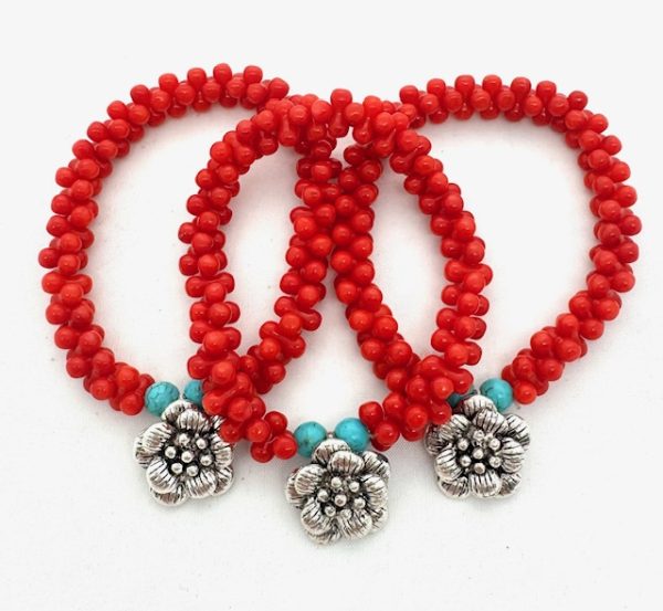 Red Clustered Coral Bead Bracelet with Flower Charm