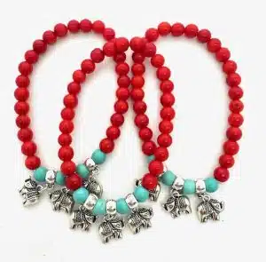 Red Coral Beaded Bracelet with 3 Elephant Charm