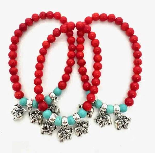 Red Coral Beaded Bracelet with 3 Elephant Charm