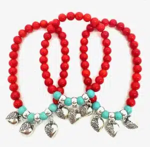 Red Coral Beaded Bracelet with 3 Hearts Charm