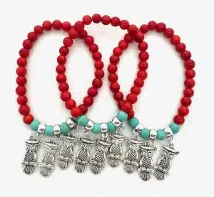 Red Coral Beaded Bracelet with 3 Owl Charm
