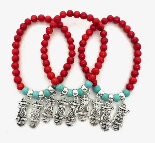 Red Coral Beaded Bracelet with 3 Owl Charm