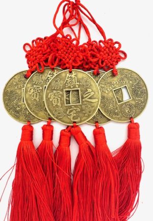 Feng Shui Chinese Coin Wall Hanging with Red Tassels Set of 6