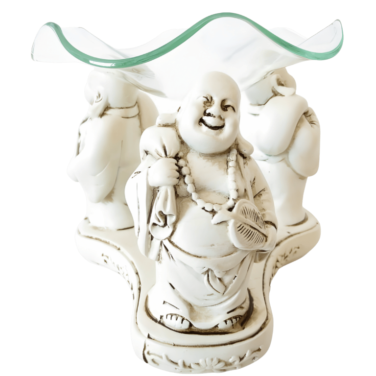3 white happy Buddhas oil burner