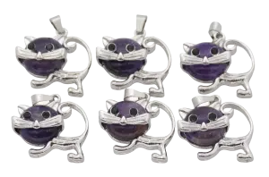 Amethyst Cat Gemstone Pendants (Set of 6 Pieces)